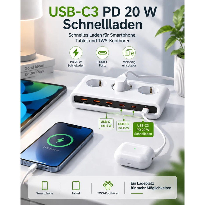Мережевий фільтр 9-в-1: подовжувач на 3 розетки та USB зарядна станція, білий