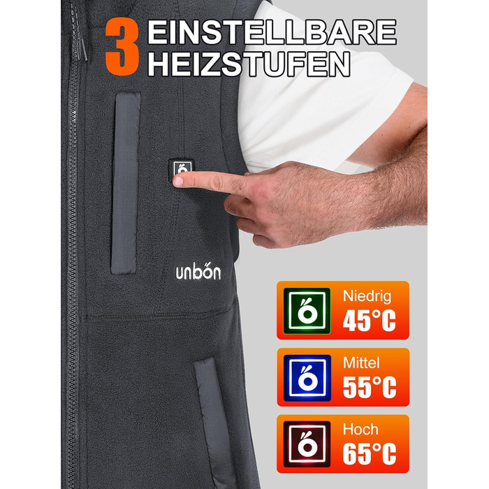 UNBON Гріюча жилетка з флісу, чоловіча жилетка з підігрівом, жилетка з Powerbank 10000mAh USB, 3 режими нагріву, 6 зон нагріву (M, сіра)