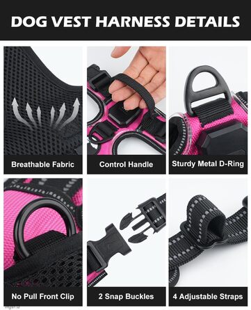 Світловідбиваючий нашийник для собак Joytale з LED, для середніх собак, не тягне, з ручкою, регульований, для нічних прогулянок, рожевий, розмір M (1 шт.)