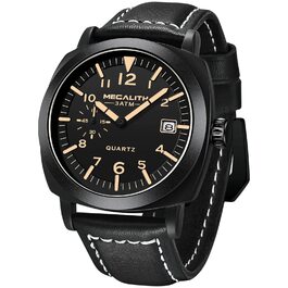Чоловічий годинник MEGALITH Militär B-6: Водонепроникний годинник з LED-підсвічуванням, календар, сталевий корпус, шкіряний ремінь, кварцовий механізм