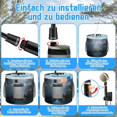 IEEILULU Portable Camping Shower, 6000mAh Camping Shower Battery with Pump, Outdoor Mobile Showers with Temperature Indicator and Foldable Bucket for Pet Travel, Garden, Car Washing, Beach