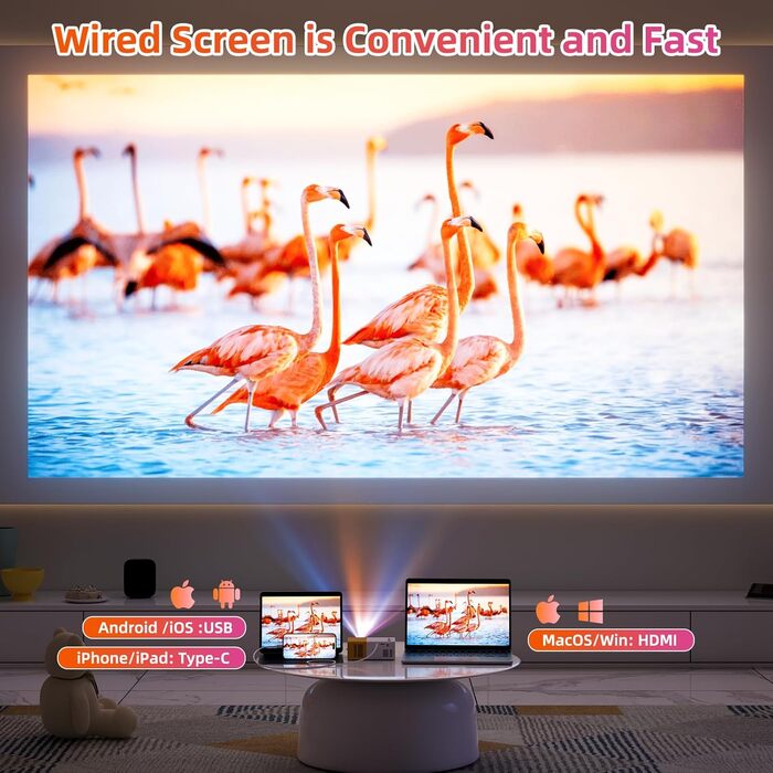Vamvo Mini Beamer YG300Pro: портативний LED-проектор, Full HD 1080p, Bluetooth 5.4, HDMI/USB, жовто-білий
