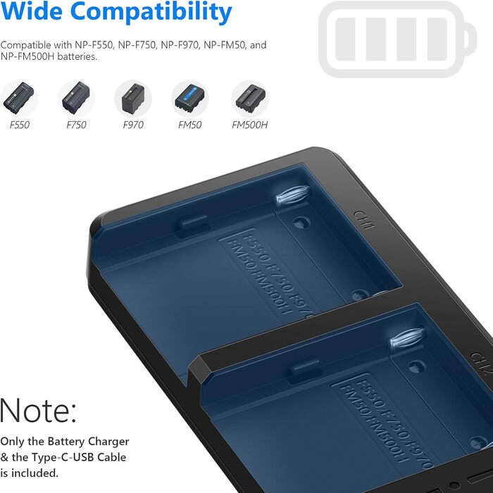 Зарядний пристрій NEEWER Dual USB для акумуляторів Sony NP-F серії (F970, F960, F950, F930, F770, F750, F570, F550) з LCD-дисплеєм, швидка зарядка, 2 канали