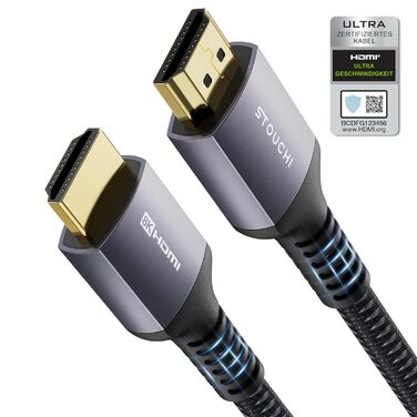 HDMI кабель Stouchi 2м 8K 4K Ultra High Speed з підтримкою eARC HDR10, 48Gbps, 144Hz, сумісний з RTX 3080, PS5, Xbox Series X, Fire TV, Roku TV, Samsung, Sony, LG (сірий)