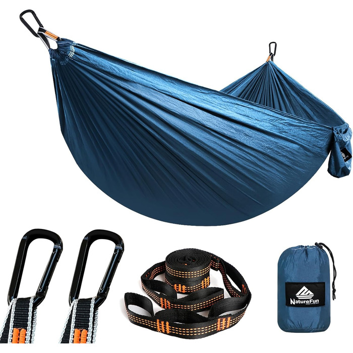 Гамак для кемпінгу NATUREFUN - легкий, міцний (300 кг), дихаючий, швидковисихаючий, з карабінами та шнурами. Ідеальний для відпочинку вдома, в саду чи на природі. Розмір: 275 x 140 см, колір: хакі/темно-синій
