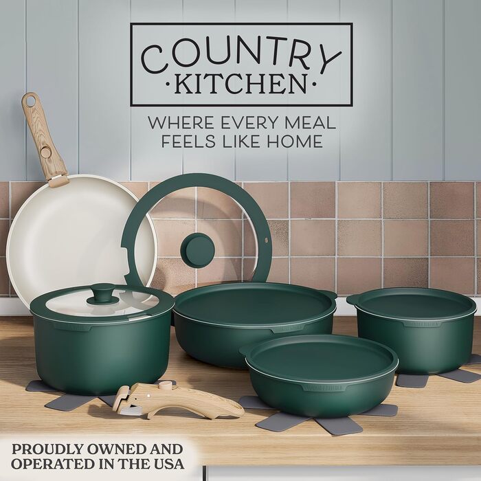 Набір посуду Country Kitchen 13 предметів: каструлі та сковорідки з антипригарним покриттям, знімний ручка, для кухні, кемпінгу, духовки (сіро-зелений)