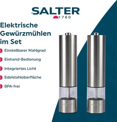Електричні соляна та перецева млини Salter 7522 SSTUR15UP з нержавіючої сталі, прозорий акриловий корпус, регульований ступінь помелу, One-Touch, вбудоване світло, поворотний замок, зручні для людей з артритом