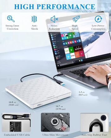 Зовнішній DVD-привід ORIGBELIE: CD/DVD-броннер з 4 USB та 2 TF/SD слотами, ультратонкий оптичний накопичувач для ноутбука, PC, Mac, Windows 11/10/8/7, Linux