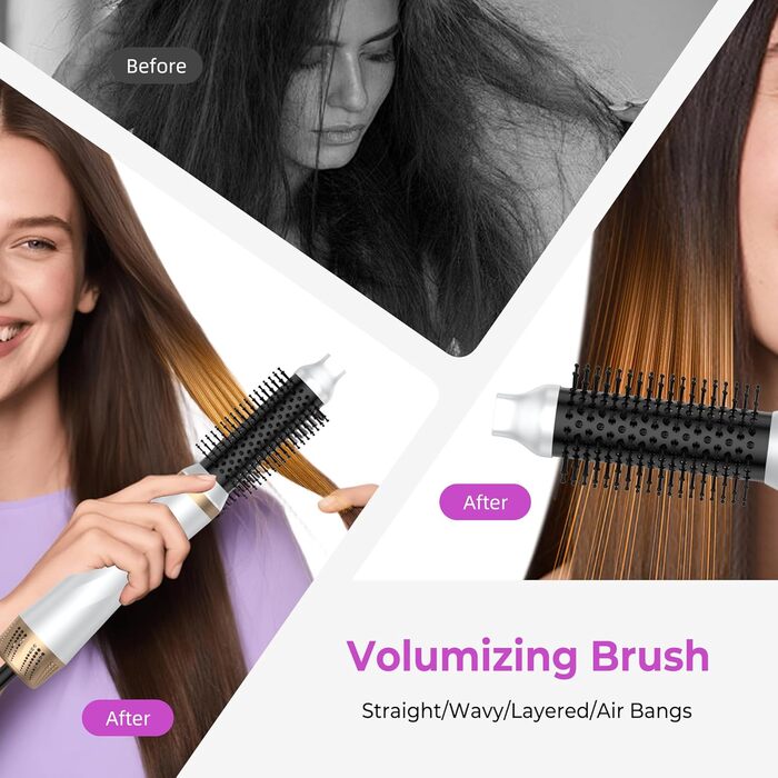 Мультистайлер для волосся 5 в 1 з термощіткою, фен-щіткою, круглою щіткою, плойкою та випрямлячем. Потужність 1000 Вт, 3 температурні режими. Ідеально для об'єму, випрямлення, локонів та сушіння. Білий (білий, рожевий)