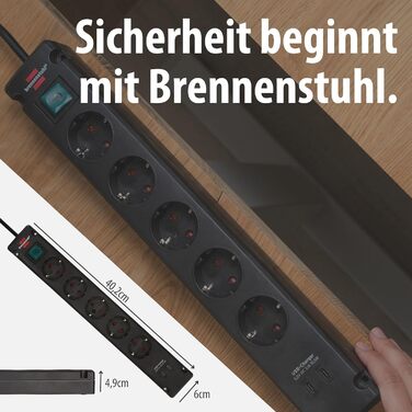 Смуга розеток Brennenstuhl Bremounta 5-fach з USB-C та вимикачем, чорна (для монтажу на стіну, 2x USB-C, 3м кабель)