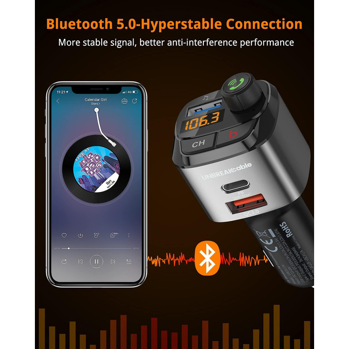 Bluetooth FM-трансмітер UNBREAKcable для авто, адаптер з зарядкою PD3.0 і QC3.0, підсилювач басів, гучний зв'язок, підтримка Siri та Google Assistant