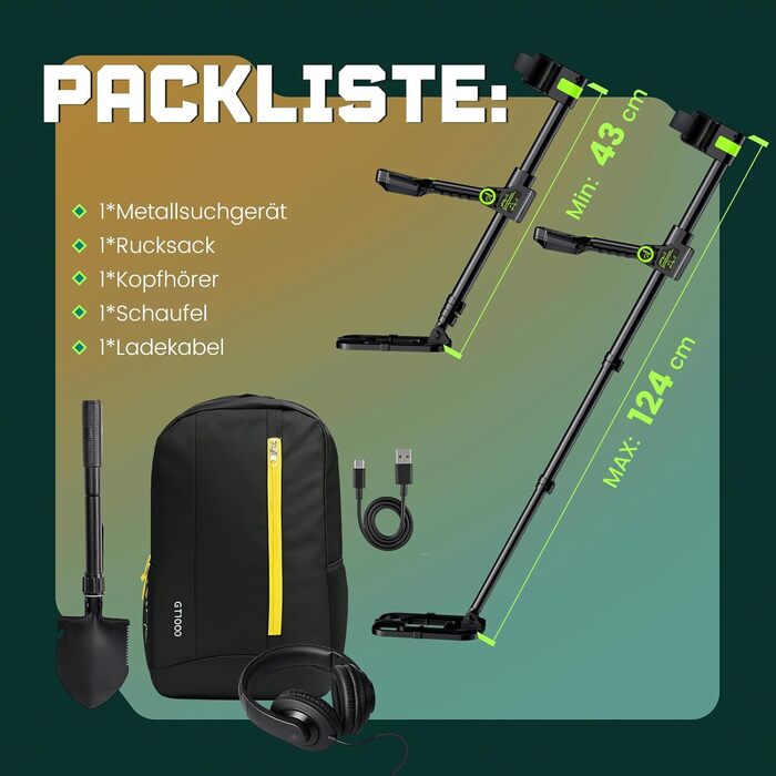 Металодетектор професійний для дорослих та дітей – водонепроникний, з LCD-дисплеєм та спіральною котушкою 25 см, бездротовий, складна конструкція, акумулятор 2000mAh, висока точність, зелений