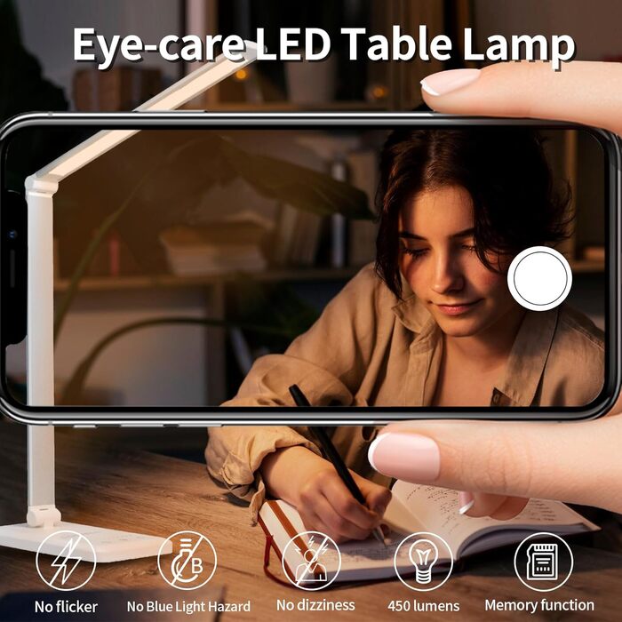 LED лампа для столу LQWELL® з регулюванням яскравості, метал, 5 кольорів, 10 рівнів, USB-зарядка, сенсорне керування, пам'ять, для дітей, офісу, білого кольору (QM019)