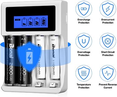 Зарядний пристрій BONAI для акумуляторів 4 слоти LCD, для AA/AAA NI-MH NI-CD акумуляторів, з 4 шт. акумуляторами 2800mAh AA та 1100mAh AAA