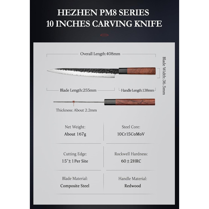 HEZHEN 8-Inch 3-Layer Damascus Steel Chef's Knife - Professional Japanese Kitchen Knife with Octagonal Redwood Handle & Wooden Sheath