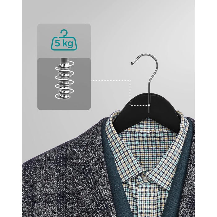 Плечики для одягу SONGMICS, 20 шт., з масиву дерева, з вирізами для плечей, неслизький тримач для штанів, обертовий на 360°, для костюмів, сорочок, натуральний колір + срібло