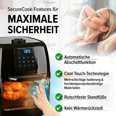 Gourmetmaxx Digital Hot Air Fryer XXL - 9L Oven | Air Fryer with Timer Function, Touch Display, Rotisserie, Skewers | Low-Fat, Energy-Saving Frying | 8 Programs, 1800 W Black 9 Liters