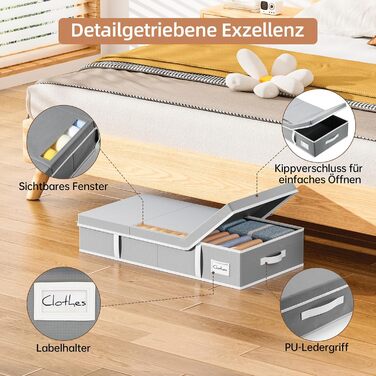 Комод під ліжко LAMU 2 шт., ящик для зберігання під ліжко з кришкою, великий, складний, сумка для зберігання одягу з віконцем та 4 ручками для ковдр, одягу, взуття, сірий, 80x40x15 см, 48 л, сірий