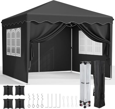 3x3 Gazebo, Waterproof Folding Gazebo Stable, Winter-Proof, UV Protection 50+, 3x3 Folding Gazebo with 4 Side Panels, Adjustable Height Garden Gazebo, Foldable Pavilion Tent for Camping, Parties (Black)
