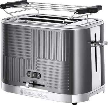 Russell Hobbs Toaster [for 2 slices] Geo Stainless Steel Grey (extra wide toast slots, including bun warmer, 6 browning levels + defrost & reheat function, Quick Toast Technology, 1640W) 25250-56