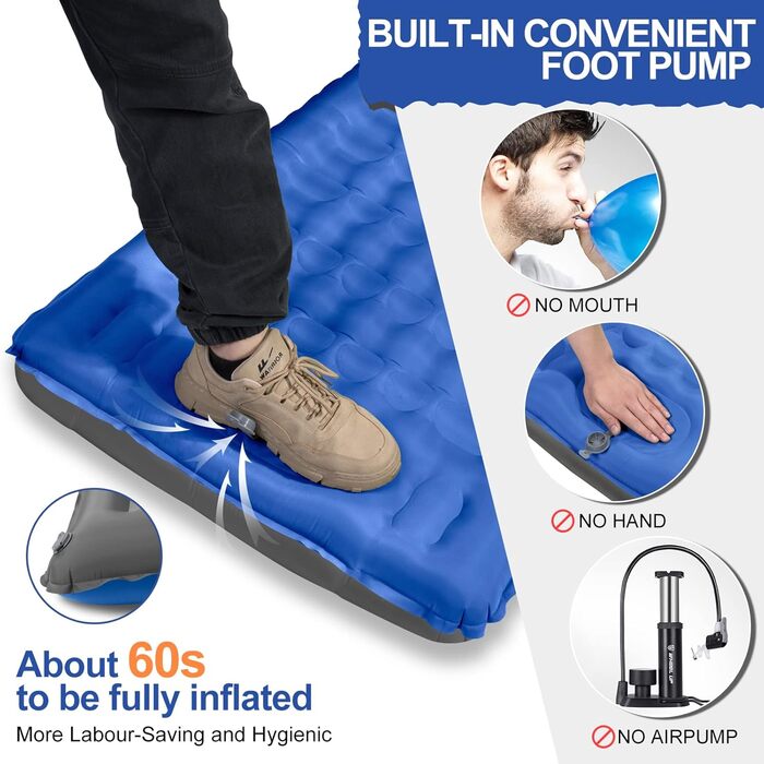 Isomatte Camping Mat - Self-Inflating Sleeping Pad, 12cm Thick, Compact, Waterproof Air Mattress with Foot Pump & Pillow, Anti-Ripstop Sleeping Mat for Hiking & Beach - Blue