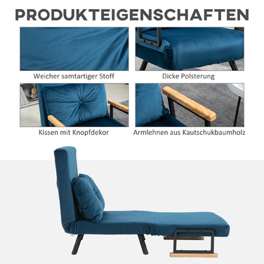 HOMCOM Sleeper Sofa Recliner Bed Function Guest Bed Velvet Backrest Cushion Adjustable Backrest Blue 63x73x81cm | Aosom