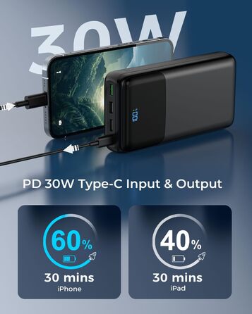 Power Bank 50000mAh з швидкою зарядкою 30W, USB-C, 4 виходи/2 входи, LED-дисплей. Зовнішній акумулятор для iPhone, Android, планшетів