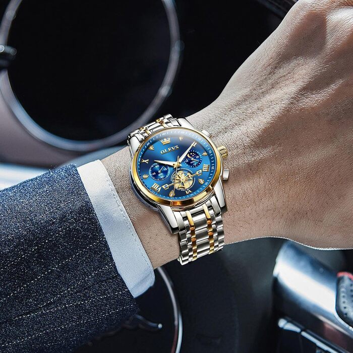 Чоловічий годинник-хронограф OLEVS: водонепроникний кварцовий годинник зі сталевим ремінцем (золото-срібло) та синім циферблатом, бізнес-стиль