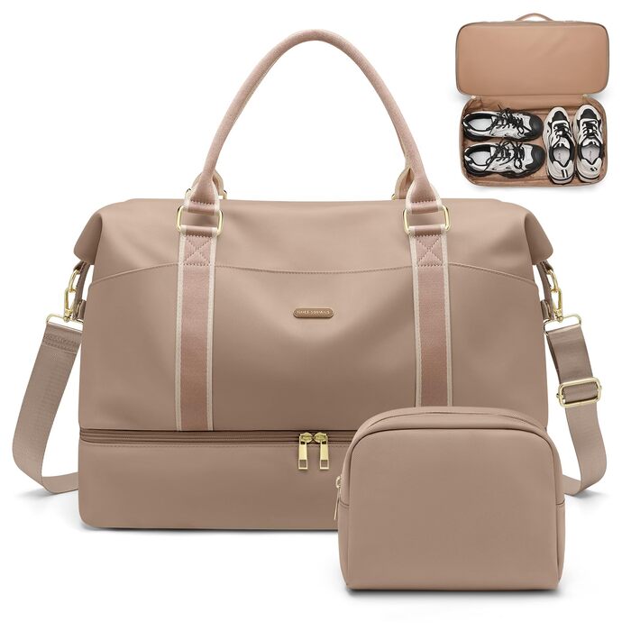 Велика дорожня сумка жіноча 46L Weekender з косметичкою, відділенням для взуття та вологих речей, для подорожей літаком (Колір: Шампань)
