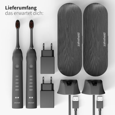 Електрична звукова зубна щітка Zahnheld® | Якість, насадка та футляр | чорна (Gero G2, 2 шт. відбілювальні)