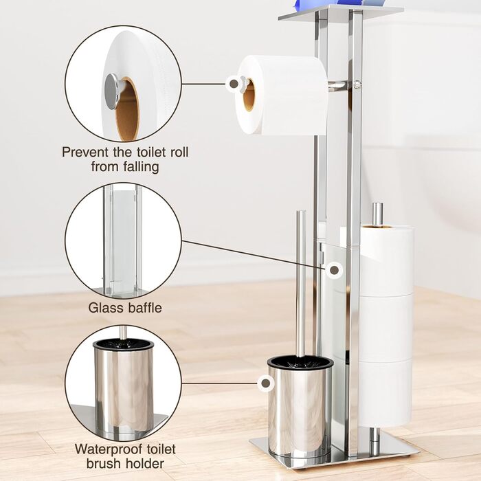 Stainless Steel Toilet Paper Holder with Brush & Wet Tissue Box - Silver Finish Bathroom Set