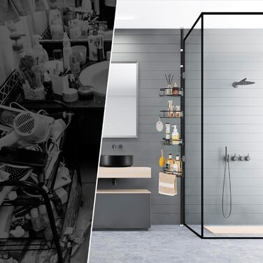DUFU Shower Shelf Telescopic, No Drilling Required, with 4 Shower Basket, Corner, Non-Slip, Stable Bathroom Shelf Made of Metal, Height Adjustable 85-325cm, Telescopic Shelf, Black