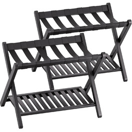 SMIBUY Luggage Rack, 2-Pack, Foldable Bamboo Suitcase Stand with Shelf for Guest Room, Bedroom, Hotel, Heavy-Duty (Black)
