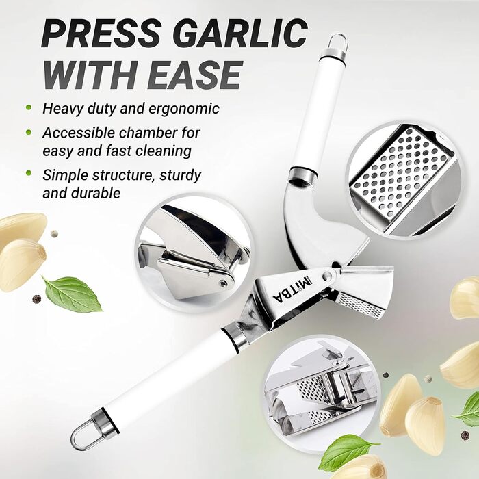 MiTBA Garlic Press Set with Non-Slip Grips - Includes Silicone Tube Peeler & Cleaning Brush