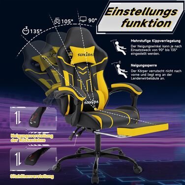 Ігрове крісло SUKIDA Ergonomic Gaming Chair з підніжкою та підтримкою попереку, комп'ютерне офісне крісло (Чорно-жовте)