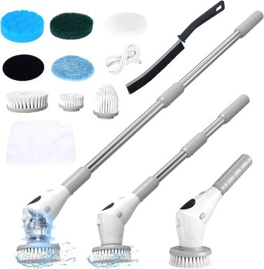 Electric Cleaning Brush, Electric Spin Scrubber Cordless with 8 Replaceable Brush Heads, 3 Speed, Adjustable Handle, LED Screen Electric Brush for Bathroom, Kitchen, Car, Tiles (Gray and White)