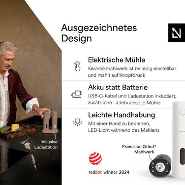 Електричні млини для солі та перцю 2 шт. LARS NYSØM з регульованою керамічною помелювальною системою (від грубого до дрібного помолу) | Дизайн, автоматичні, набір 2 шт. (Onyx Black)