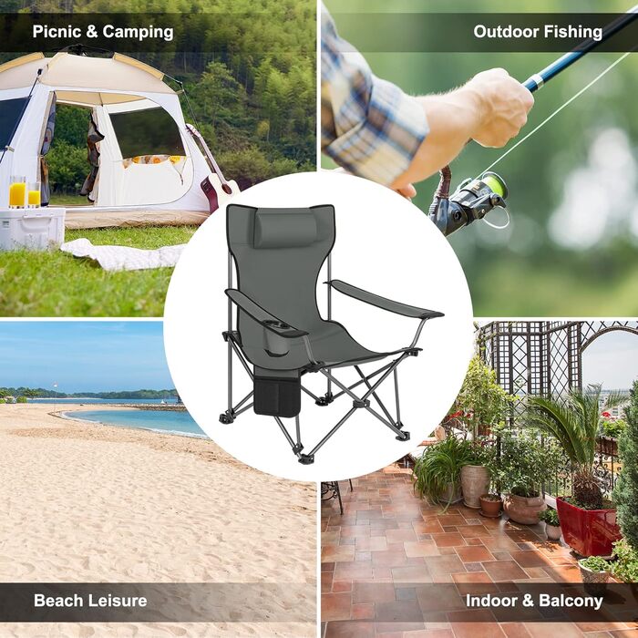 Набір кемпінгових стільців WOLTU 2 шт. з підставкою для ніг, пляжний стілець 2-в-1, вудильник, з підсклянником та сумкою для зберігання (Сірий)