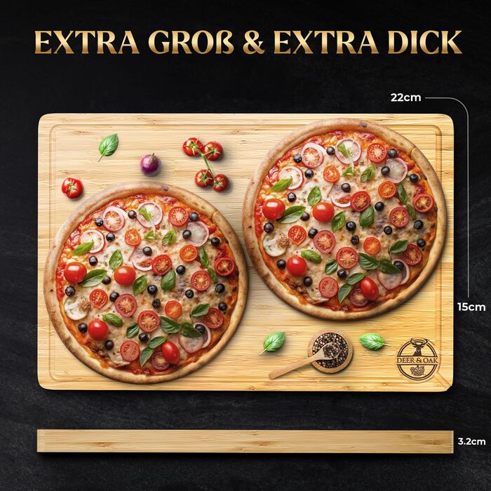 Дерев'яний обрізний стіл Deer & Oak XXXL 60x40x3.2 см - Преміум дерев'яний стіл для кухні, бамбуковий обрізний стіл 60 см, обрізні дошки для сервірування та нарізання - двосторонній, попередньо олійований, з жолобками для соку, бічні ручки