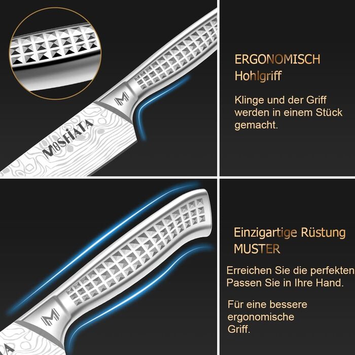 Набір кухонних ножів MOSFiATA, 5 шт. з нержавіючої сталі: кухонний, сантоку, універсальний, для хліба, для очищення з захистом пальців та подарунковою коробкою