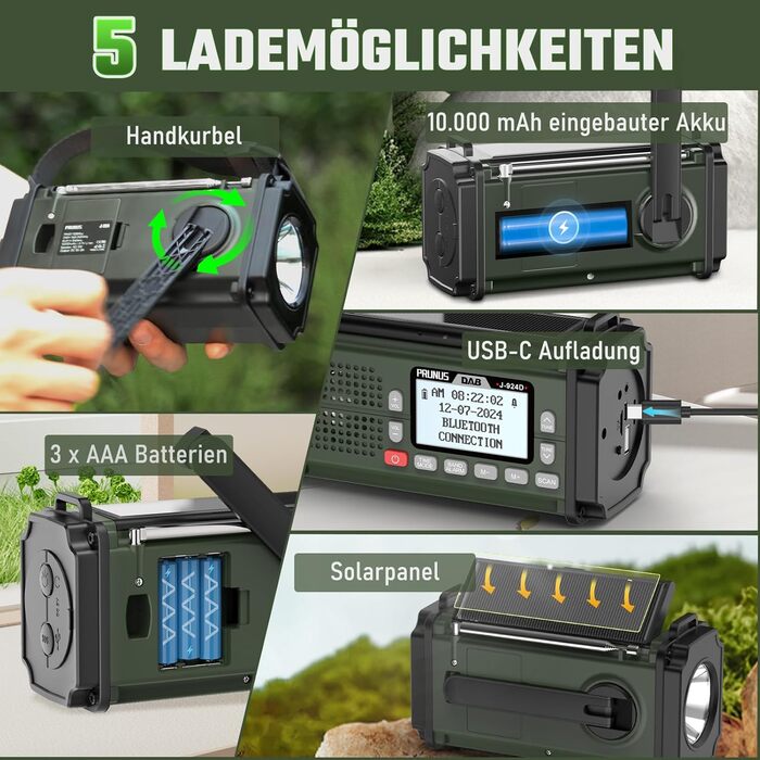 Радіоприймач PRUNUS J-924D: DAB+/UKW, радіоприймач-кринка з акумулятором 10000mAh, Bluetooth, ліхтарик, SOS, зарядка для телефону. Зелений