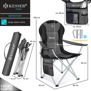 Крісло кемпінгове KESSER® складне до 150 кг, з підлокітниками, високою спинкою, сіре (антрацит/чорне) + тримач для напоїв