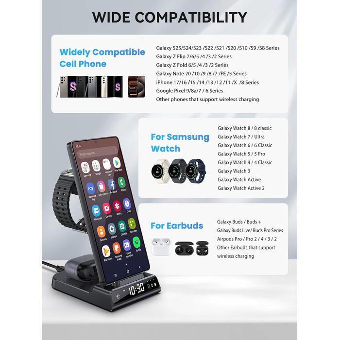Бездротовий зарядний пристрій 3-в-1 для Samsung Galaxy S25 Ultra, Watch 8/7/Ultra, Buds, чорний