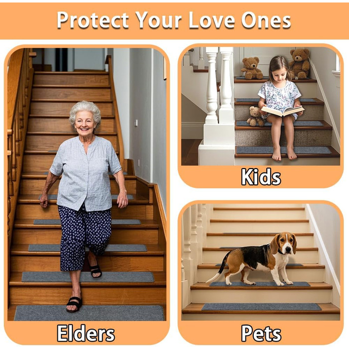 Набори килимків для сходів Aucuda, 15 шт., сірі, 76x20 см, антиковзаючі, самоклеючі, для захисту дерев'яних ступенів