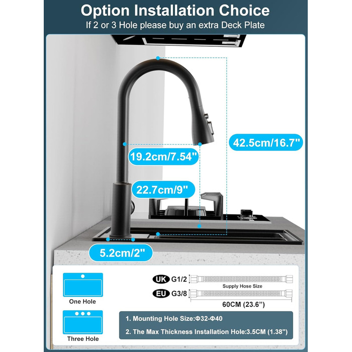 Змішувач кухонний висувний з нержавіючої сталі з 360° обертанням та 4 режимами, для кухонних мийок, з ABS-розпилювачем, підходить лише для ЄС (G3/8)