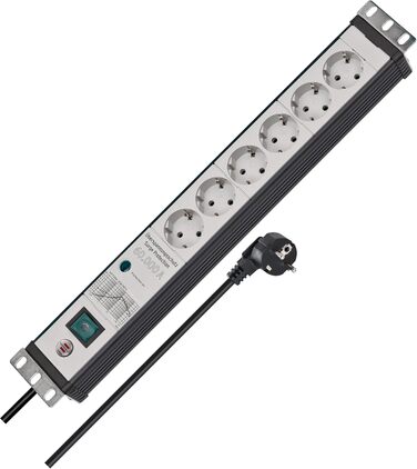 Бренненштуль Преміум-лайн: мережевий фільтр 6 розеток з захистом від перенапруги 60 000 A (19' формат, кабель 3м, з вимикачем, Made in Germany), чорний/сірий, захист від ураження електричним струмом 60 000 A