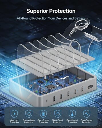 Зарядна станція SooPii USB 60W/12A з 6 портами, органайзер для декількох пристроїв з тримачем для Apple Watch, 6 кабелів в комплекті (срібло)