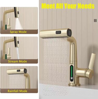 Кухонний змішувач з витяжною лійкою, 3 режими, LED-індикатор температури, поворотний на 360°, для кухні, золотий