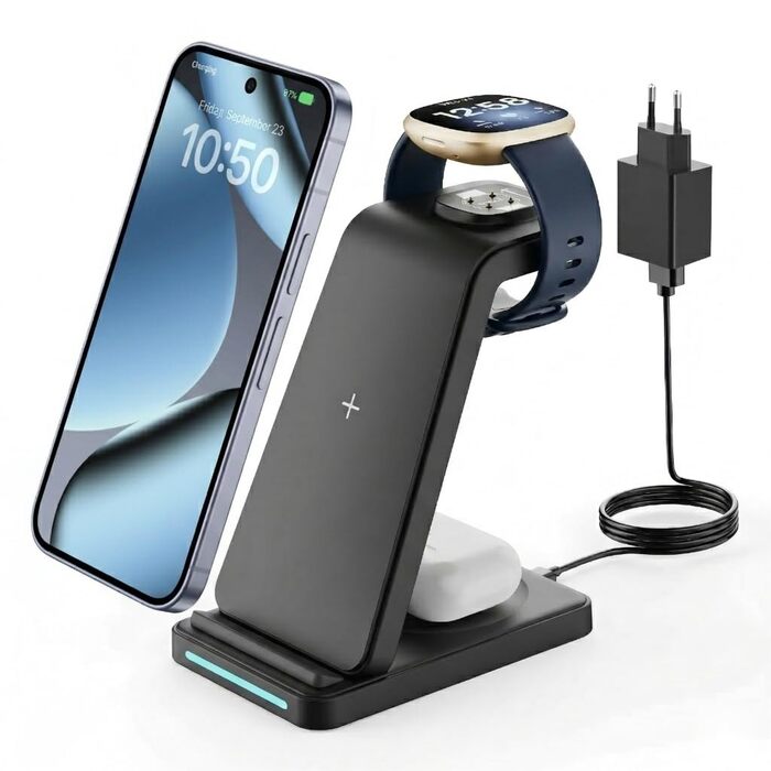 Зарядна станція GEEKERA 3-в-1 для бездротової зарядки Google Pixel Watch 3/2, Fitbit Versa 4/3/Sense 2, iPhone, Pixel, Samsung (Чорний матовий)