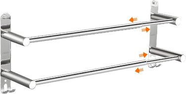 Тримач для рушників настінний з нержавіючої сталі, глянсовий, висувний, 2 стійки, 43-75 см з гачками, для ванної кімнати, монтаж на свердла або на клей - 2 способи встановлення, підходить для ванної та кухні